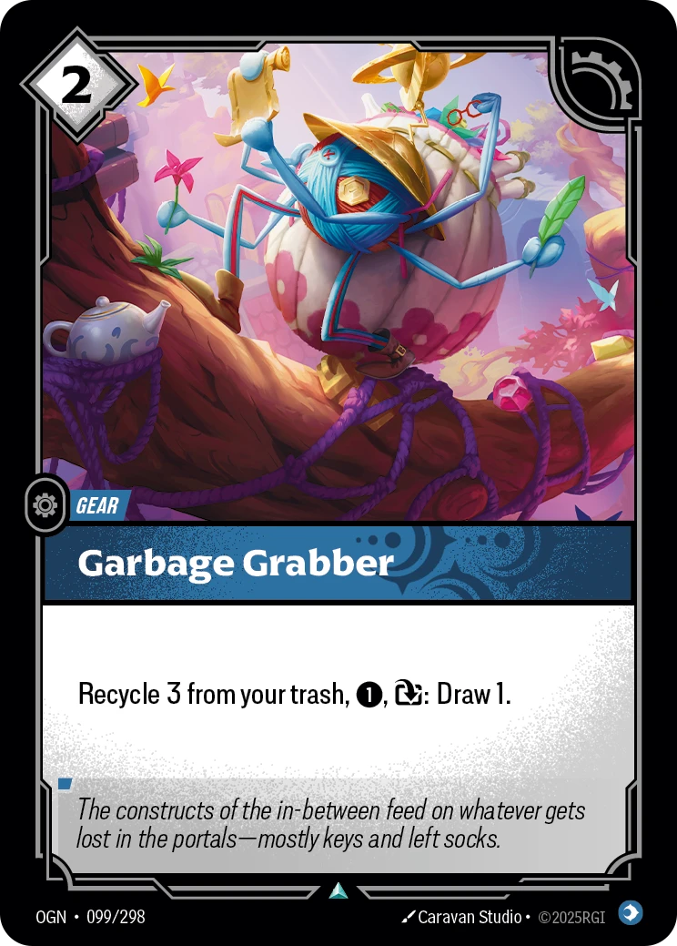 Riftbound Gear: Garbage Grabber. Recycle 3 from your trash, [1], [T]: Draw 1.