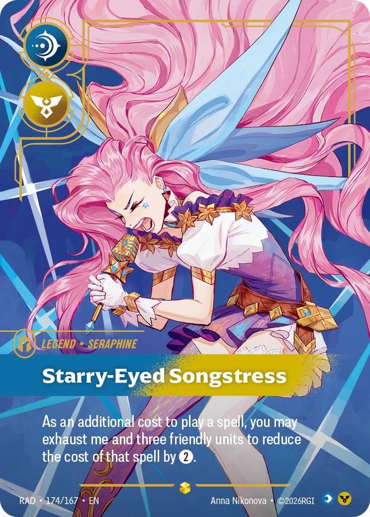 Riftbound Legend: Starry-Eyed Songstress. As an additional cost to play a spell, you may exhaust me and three friendly units to reduce the cost of that spell by [2].