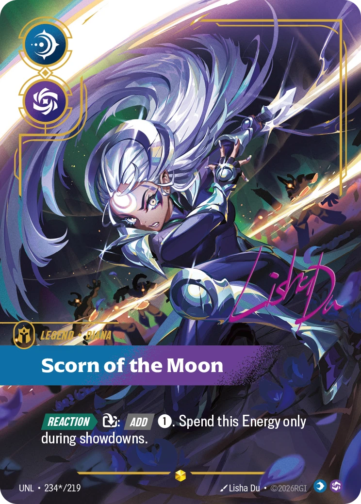 Riftbound Legend: Scorn of the Moon. [Reaction][>] [T]: [Add] [1]. Spend this Energy only during showdowns.
