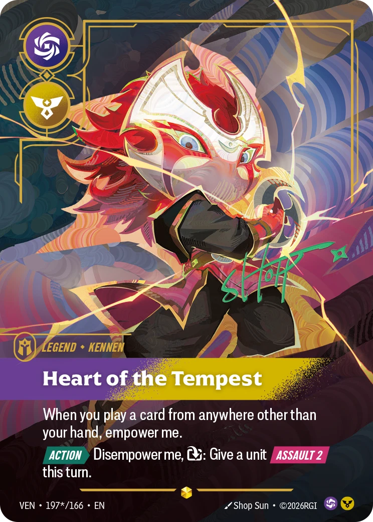 Riftbound Legend: Heart of the Tempest. When you play a card from anywhere other than your hand, empower me.
[Action][>] Disempower me, [T]: Give a unit [Assault 2] this turn.